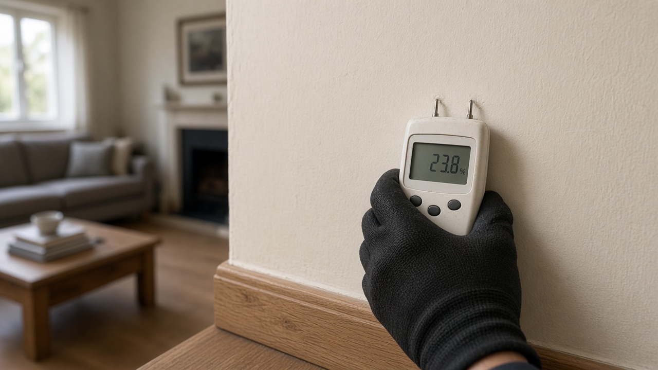 Digital moisture meter taking a reading at the base of an interior wall